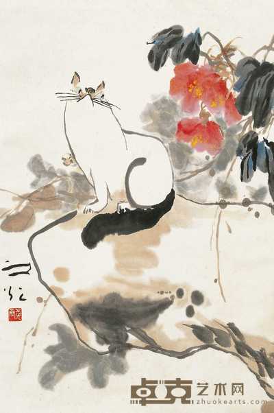 谢之光 花猫图 立轴 66×44cm